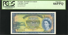 BERMUDA. Bermuda Government. 1 Pound, 1966. P-20d. PCGS Currency Gem New 66.
A highly collected Gem example of this 1 Pound QEII Government note.
Es...