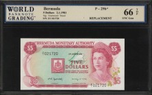 BERMUDA. Bermuda Monetary Authority. 5 Dollars, 1981. P-29b*. Replacement. WBG Gem Uncirculated 66 TOP.
Signature combination of Yearwood and Trued. ...