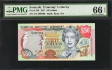 BERMUDA. Bermuda Monetary Authority. 50 Dollars, 2007. P-54b. PMG Gem Uncirculated 66 EPQ.
Watermark of tuna fish. Seen with a low serial number of 3...
