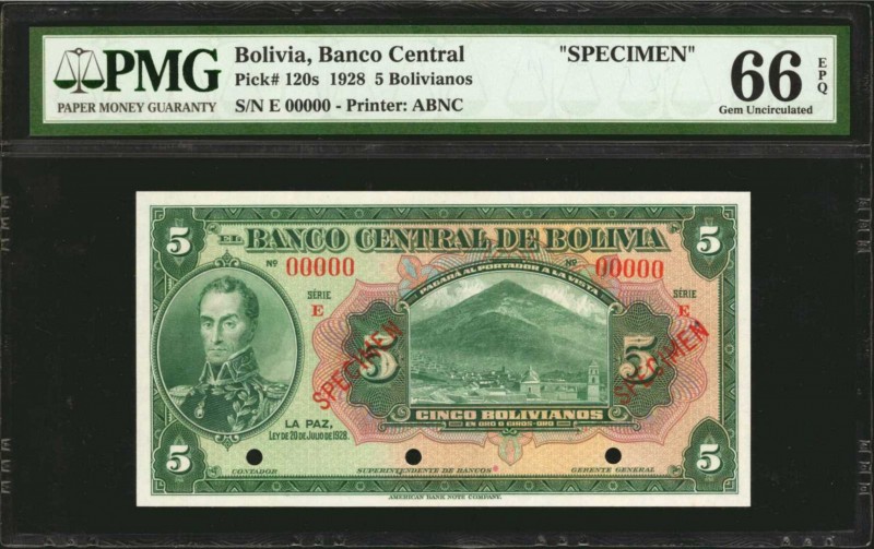 BOLIVIA. Banco Central. 5 Bolivianos, 1928. P-120s. Specimen. PMG Gem Uncirculat...