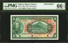 BOLIVIA. Banco Central. 5 Bolivianos, 1928. P-120s. Specimen. PMG Gem Uncirculated 66 EPQ.
Printed by ABNC. Hole punch cancelled with red specimen ov...