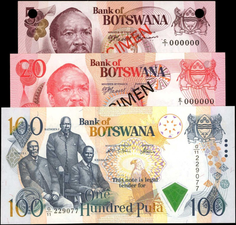 BOTSWANA. Bank of Botswana. 5, 20 & 100 Pula, 1976-2000. P-3s1, 5s1 & 23. About ...