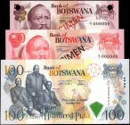 BOTSWANA. Bank of Botswana. 5, 20 & 100 Pula, 1976-2000. P-3s1, 5s1 & 23. About Uncirculated.
3 pieces in lot. Included are P-3s1 5 Pula Specimen; P-...