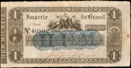 BRAZIL. Thesouro Nacional. 1 Mil Reis, ND (1852-67). P-A228. Very Fine.
Light blue "HUM" underprint stands out on this 1 Hum Brazil note. Seen with t...
