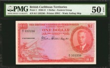 BRITISH CARIBBEAN TERRITORIES. British Administration. 1 Dollar, 1950-51. P-1. PMG About Uncirculated 50 EPQ.
Early King George VI type. Prefix K/1. ...