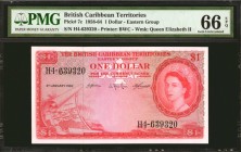 BRITISH CARIBBEAN TERRITORIES. British Caribbean Territories, Eastern Group. 1 Dollar, 1958-64. P-7c. PMG Gem Uncirculated 66 EPQ.
First denomination...