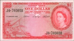 BRITISH CARIBBEAN TERRITORIES. British Caribbean Territories, Eastern Group. 1 Dollar, 1962. P-7c. About Uncirculated.
Ruby red ink stands out on thi...