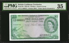 BRITISH CARIBBEAN TERRITORIES. British Administration. 5 Dollars, 1958. P-9b. PMG Choice Very Fine 35.
A more seldom early date with Queen Elizabeth ...