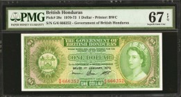 BRITISH HONDURAS. Government of British Honduras. 1 Dollar, 1973. P-28c. PMG Superb Gem Uncirculated 67 EPQ.
Printed by BWC. A bright, original, well...