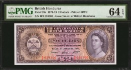 BRITISH HONDURAS. Government of British Honduras. 2 Dollars, 1973. P-29c. PMG Choice Uncirculated 64 EPQ.
Printed by BWC. A nearly Gem example of thi...