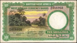 BRITISH WEST AFRICA. West African Currency Board. 10 Shillings, 1953. P-9a. Very Fine.
Wonderful first date of the West African Currency Board with r...