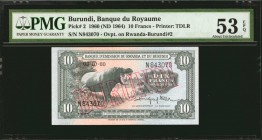 BURUNDI. Banque du Royaume. 10 Francs, 1960 (ND 1964). P-2. PMG About Uncirculated 53 EPQ.
Printed by TDLR. Overprint on Rwanda-Burundi P-2. Seen wit...