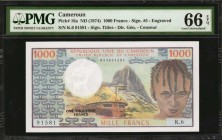 CAMEROON. Banque des Etats de L'Afrique Centrale. 1000 Francs, ND (1974). P-16a. PMG Gem Uncirculated 66 EPQ.
Signature #5. Engraved. Child seen at r...