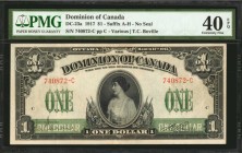 CANADA. Dominion of Canada. 1 Dollar, 1917. DC-23a. PMG Extremely Fine 40 EPQ.
Suffix A-H. No seal. Countersigned at left, T.C. Boville at right. A p...