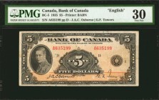 CANADA. Bank of Canada. 5 Dollars, 1935. BC-5. PMG Very Fine 30.
English. Printed by BABN. Signature combo of Osborne and Towers. Mostly even circula...