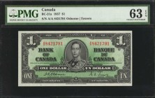 CANADA. Bank of Canada. 1 Dollar, 1937. BC-21a. PMG Choice Uncirculated 63 EPQ.
Fully original paper is seen on this richly inked ace.
Estimate: $30...
