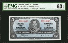 CANADA. Bank of Canada. 5 Dollars, 1937. BC-23c. PMG Choice Uncirculated 63 EPQ.
Printed by BABN. King George VI portrait at center on face. Ice blue...