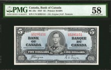 CANADA. Bank of Canada. 5 Dollars, 1937. BC-23c. PMG Choice About Uncirculated 58.
Printed by BABN. Signature combo of Coyne and Towers. Cool blue in...