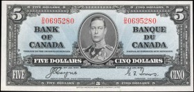 CANADA. Bank of Canada. 5 Dollars, 1937. BC-23c. About Uncirculated.
This AU 1937 Five is in light blue ink, with bold details still pleasing.
Estim...