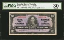 CANADA. Bank of Canada. 10 Dollars, 1937. BC-24a. PMG Very Fine 30.
Printed by BABN. Deep purple ink stands out on this 10 Dollar Canadian note.
Est...