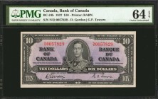 CANADA. Bank of Canada. 10 Dollars, 1937. BC-24b. PMG Choice Uncirculated 64 EPQ.
Printed by BABN. Signature combination of D. Gordon and G.F. Towers...