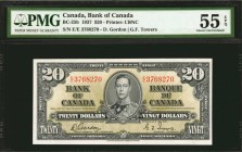 CANADA. Bank of Canada. 20 Dollars, 1937. BC-25b. PMG About Uncirculated 55 EPQ.
Printed by CBNC. King George VI at center. Allegorical female on rev...