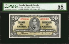 CANADA. Bank of Canada. 20 Dollars, 1937. BC-25c. PMG Choice About Uncirculated 58.
Printed by CBNC. Signatures of Coyne and Towers. Just slight hand...