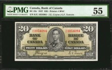 CANADA. Bank of Canada. 20 Dollars, 1937. BC-25c. PMG About Uncirculated 55.
Printed by CBNC. Just light handling is seen on this 1937 Twenty.
Estim...