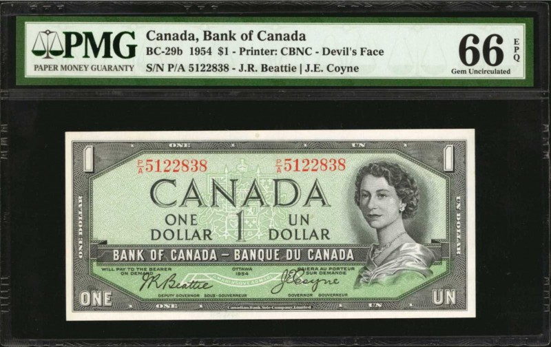 CANADA. Bank of Canada. 1 Dollar, 1954. BC-29b. PMG Gem Uncirculated 66 EPQ.
Pr...
