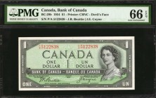 CANADA. Bank of Canada. 1 Dollar, 1954. BC-29b. PMG Gem Uncirculated 66 EPQ.
Printed by CBNC. Seen with the devil's face hair. On bright paper with p...