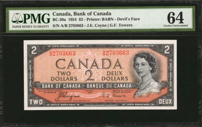 CANADA. Bank of Canada. 2 Dollars, 1954. BC-30a. PMG Choice Uncirculated 64.
A ...