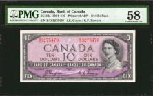 CANADA. Bank of Canada. 10 Dollars, 1954. BC-32a. PMG Choice About Uncirculated 58.
Devil's face. Printed by BABN. Deep purple ink and wide margins s...