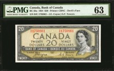 CANADA. Bank of Canada. 20 Dollars, 1954. BC-33a. PMG Choice Uncirculated 63.
Devil's face. Printed by CBNC. Signature combination of J.E. Coyne and ...