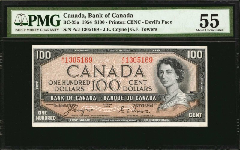 CANADA. Bank of Canada. 100 Dollars, 1954. BC-35a. PMG About Uncirculated 55.
D...