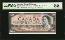 CANADA. Bank of Canada. 100 Dollars, 1954. BC-35a. PMG About Uncirculated 55.
Devil's face. Printed by CBNC. Signatures of Coyne and Towers. Just fai...
