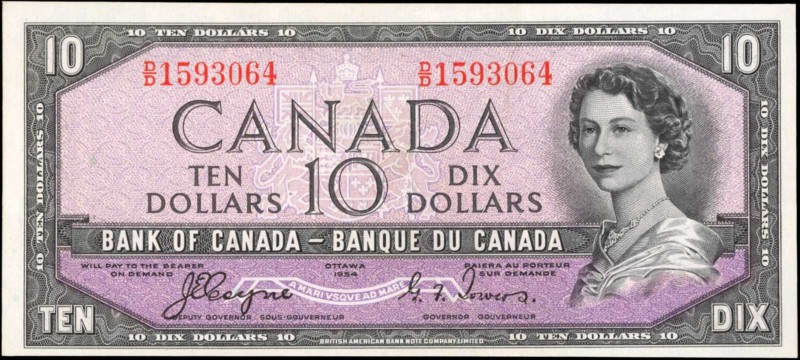 CANADA. Bank of Canada. 10 Dollars, 1954. BC-40a. Uncirculated.
Dark purple ink...