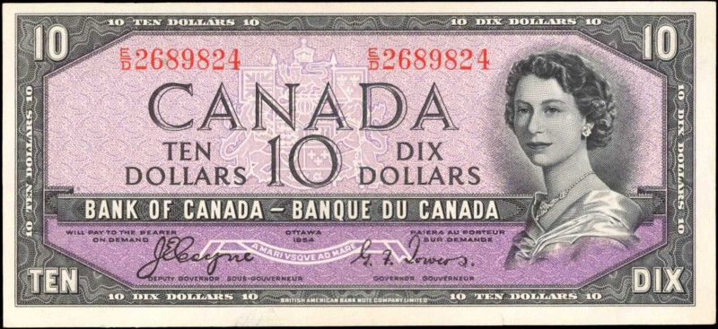 CANADA. Bank of Canada. 10 Dollars, 1954. P-69a. About Uncirculated.
This 10 Do...