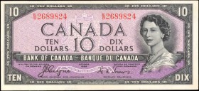 CANADA. Bank of Canada. 10 Dollars, 1954. P-69a. About Uncirculated.
This 10 Dollar Canadian note features QEII with the "Devils Face" hairstyle. See...