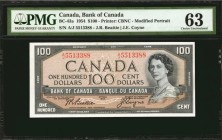 CANADA. Bank of Canada. 100 Dollars, 1954. BC-43a. PMG Choice Uncirculated 63.
Printed by CBNC. Modified portrait. Vivid ink and a bright design stan...