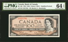 CANADA. Bank of Canada. 100 Dollars, 1954. BC-43b. PMG Choice Uncirculated 64 EPQ.
Modified portrait. Printed by CBNC. This nearly Gem high denominat...