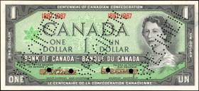 CANADA. Bank of Canada. 1 Dollar, 1967. BC-45s. Specimen. Uncirculated.
Red specimen overprint with hole punch cancellations. Seen with red dates of ...