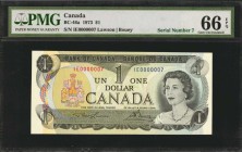 CANADA. Bank of Canada. 1 Dollar, 1973. BC-46a. Serial Number 7. PMG Gem Uncirculated 66 EPQ.
An exceptional QEII with a lucky serial number of 7 is ...