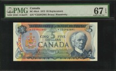 CANADA. Bank of Canada. 5 Dollars, 1972. BC-48aA. Replacement. PMG Superb Gem Uncirculated 67 EPQ.
A lovely Superb Gem star note. Seen with French an...