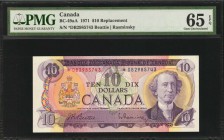 CANADA. Bank of Canada. 10 Dollars, 1971. BC-49aA. Replacement. PMG Gem Uncirculated 65 EPQ.
A colorful face design is seen on this 1971 replacement ...