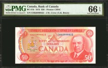 CANADA. Bank of Canada. 50 Dollars, 1975. BC-51b. PMG Gem Uncirculated 66 EPQ.
Printed by CBNC. Signature combo of Crow - Bouey. Reverse displays ima...