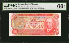 CANADA. Bank of Canada. 50 Dollars, 1975. BC-51b. PMG Gem Uncirculated 66 EPQ.
Printed by CBNC. A lovely Gem Fifty, seen with design of circled mount...