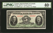 CANADA. Imperial Bank of Canada. 5 Dollars, 1939. CH #375-24-02. PMG Extremely Fine 40 EPQ.
Toronto, Ontario. Bold red serial numbers stand out on th...