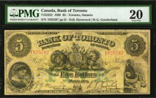 CANADA. Bank of Toronto. 5 Dollars, 1929. CH #715-22-22. PMG Very Fine 20.
Toronto, Ontario. Signature combo of Henwood and Gooderham. Bright yellow ...