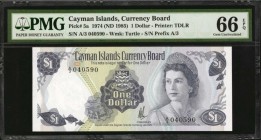 CAYMAN ISLANDS. Cayman Islands Currency Law. 1 & 5 Dollars, 1974 & 1974 (ND 1985). P-5a & 6a. PMG Gem Uncirculated 66 EPQ.
2 pieces in lot. Included ...