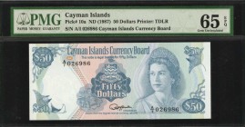 CAYMAN ISLANDS. Currency Board. 50 Dollars, ND (1987). P-10a. PMG Gem Uncirculated 65 EPQ.
Printed by TDLR. Exceptional color on this nicely centered...